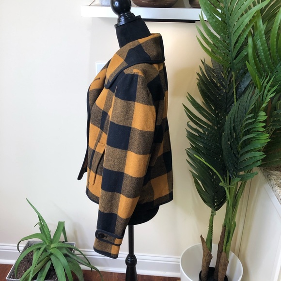 🧥 Ann Taylor LOFT Wool Buffalo Check Swing Coat Yellow/Mustard Navy Medium - Picture 7 of 8